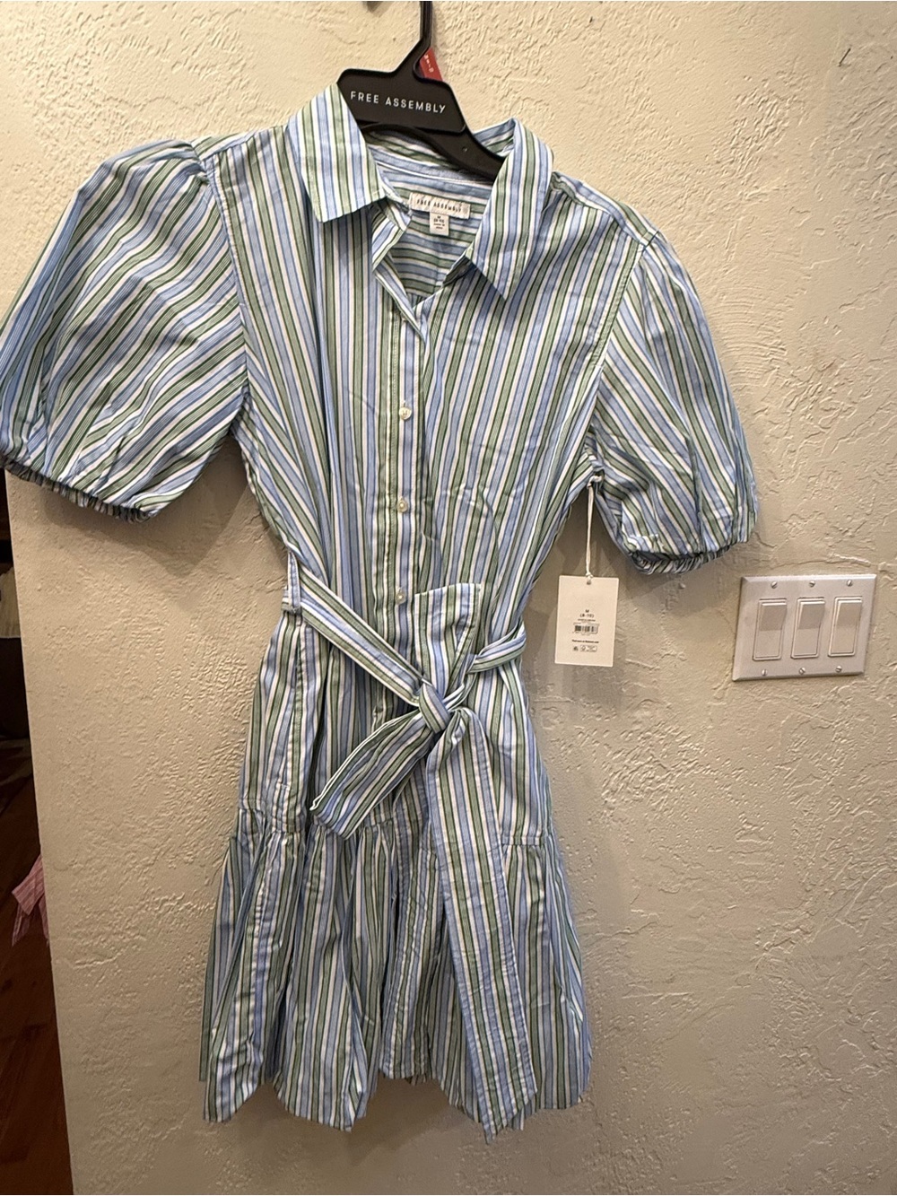No Boundaries Blue, Green & White Striped Tie-Waist Shirt Dress Women’s Sz M